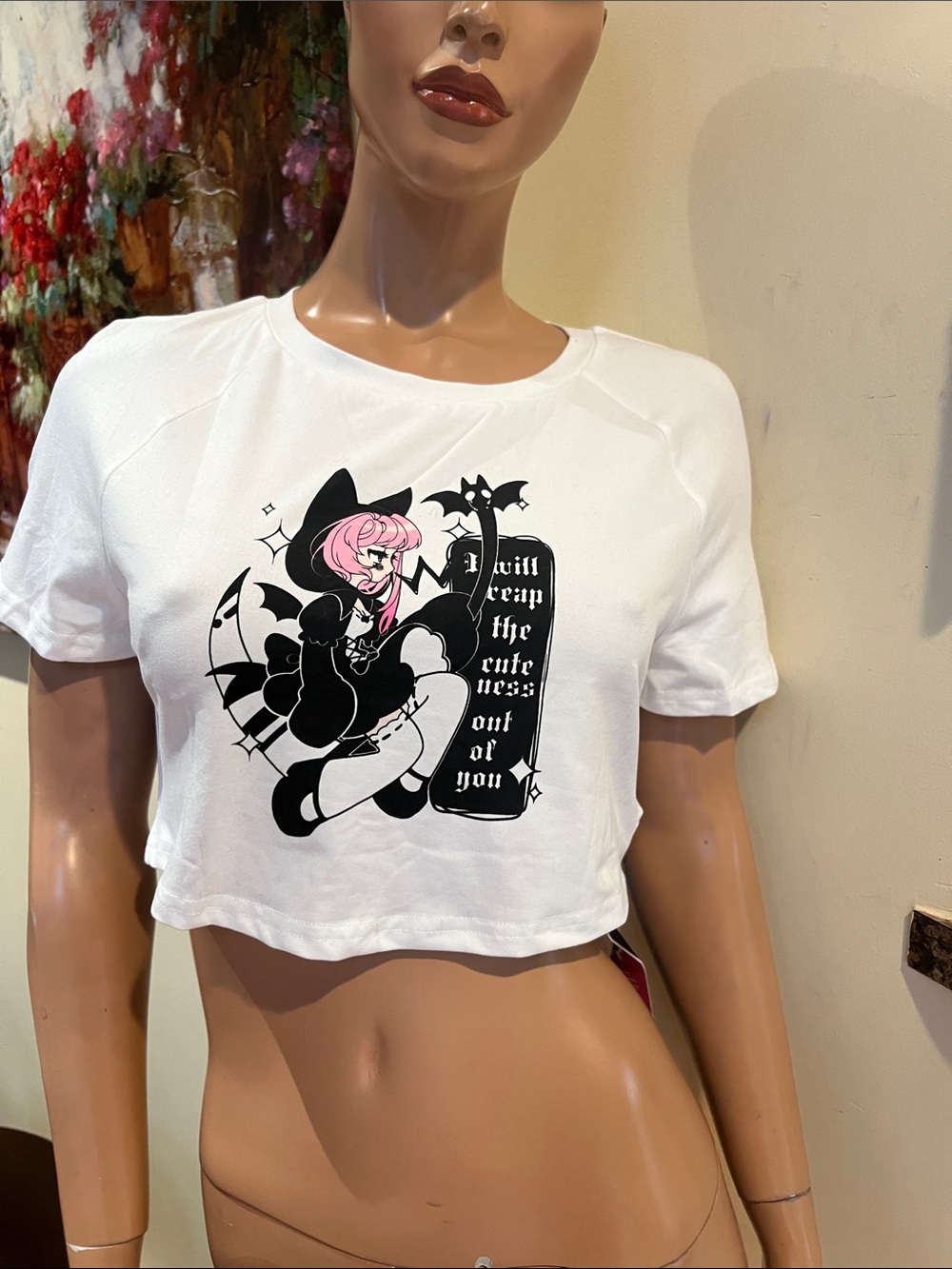 White Cropped crop top T shirt M gothic Lolita goth nwt